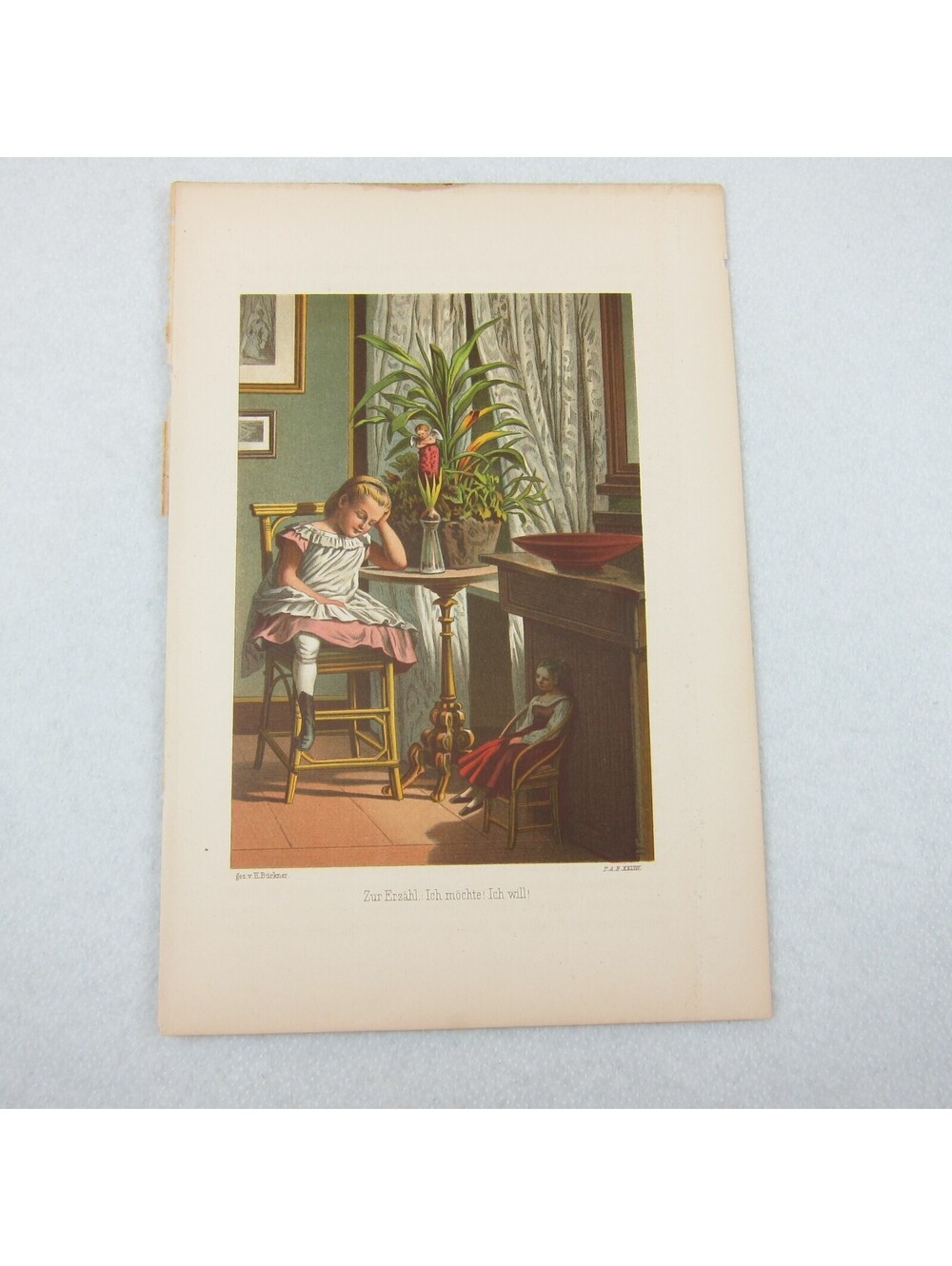 Antique Color Lithograph Print Girl Pink Dress Chair Doll Plants 1800s Art RARE